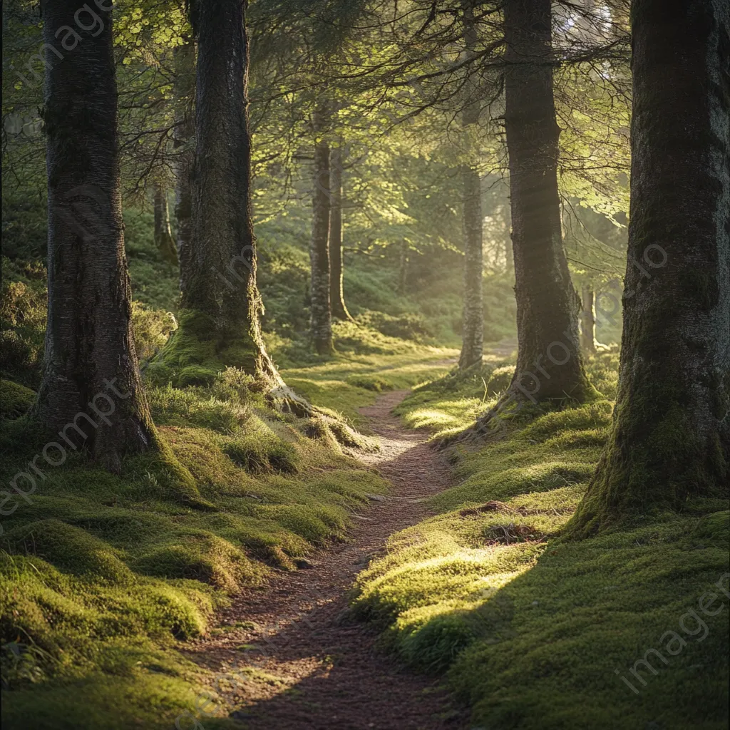 Ancient tree-lined forest path with soft moss - Image 1