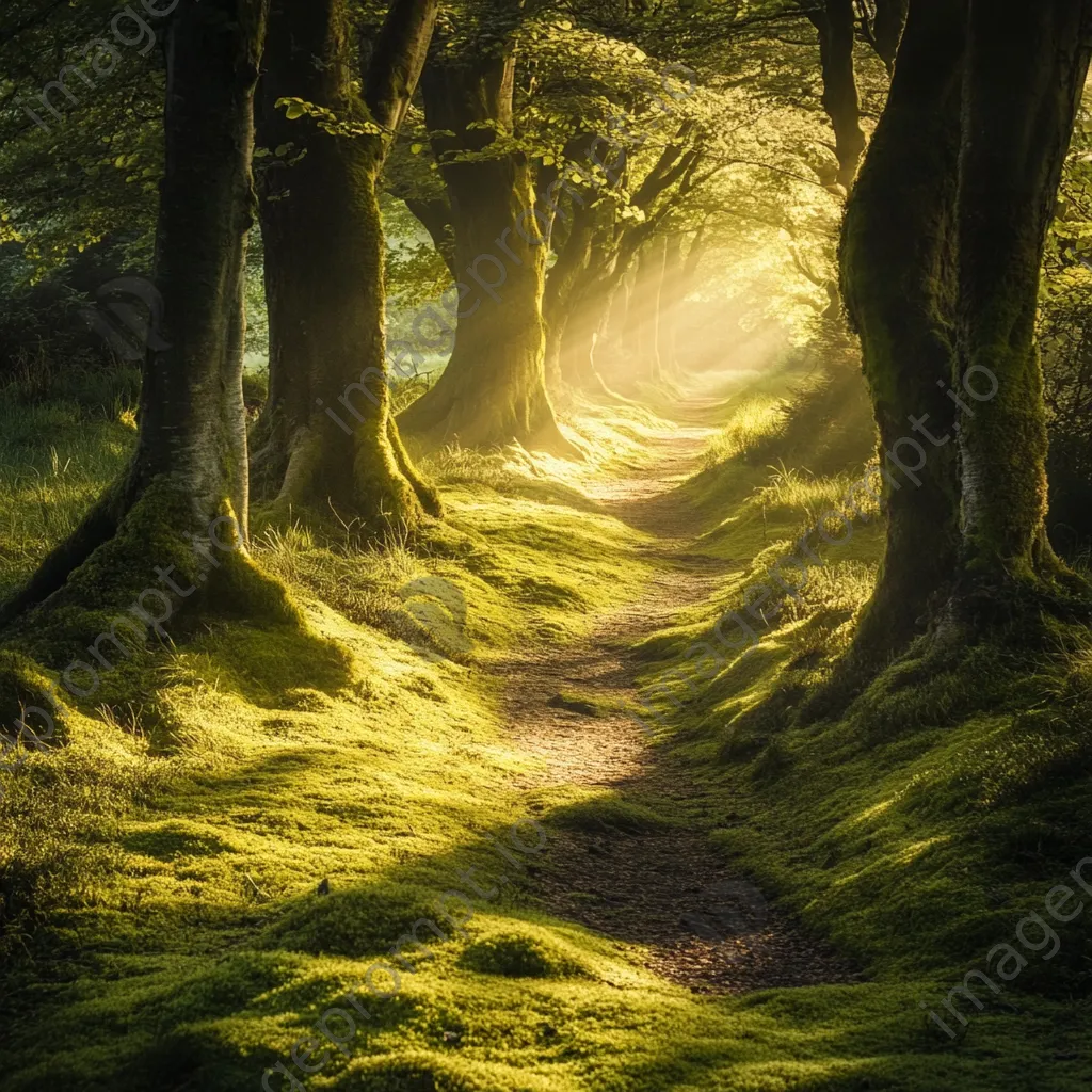 Ancient tree-lined forest path with soft moss - Image 2