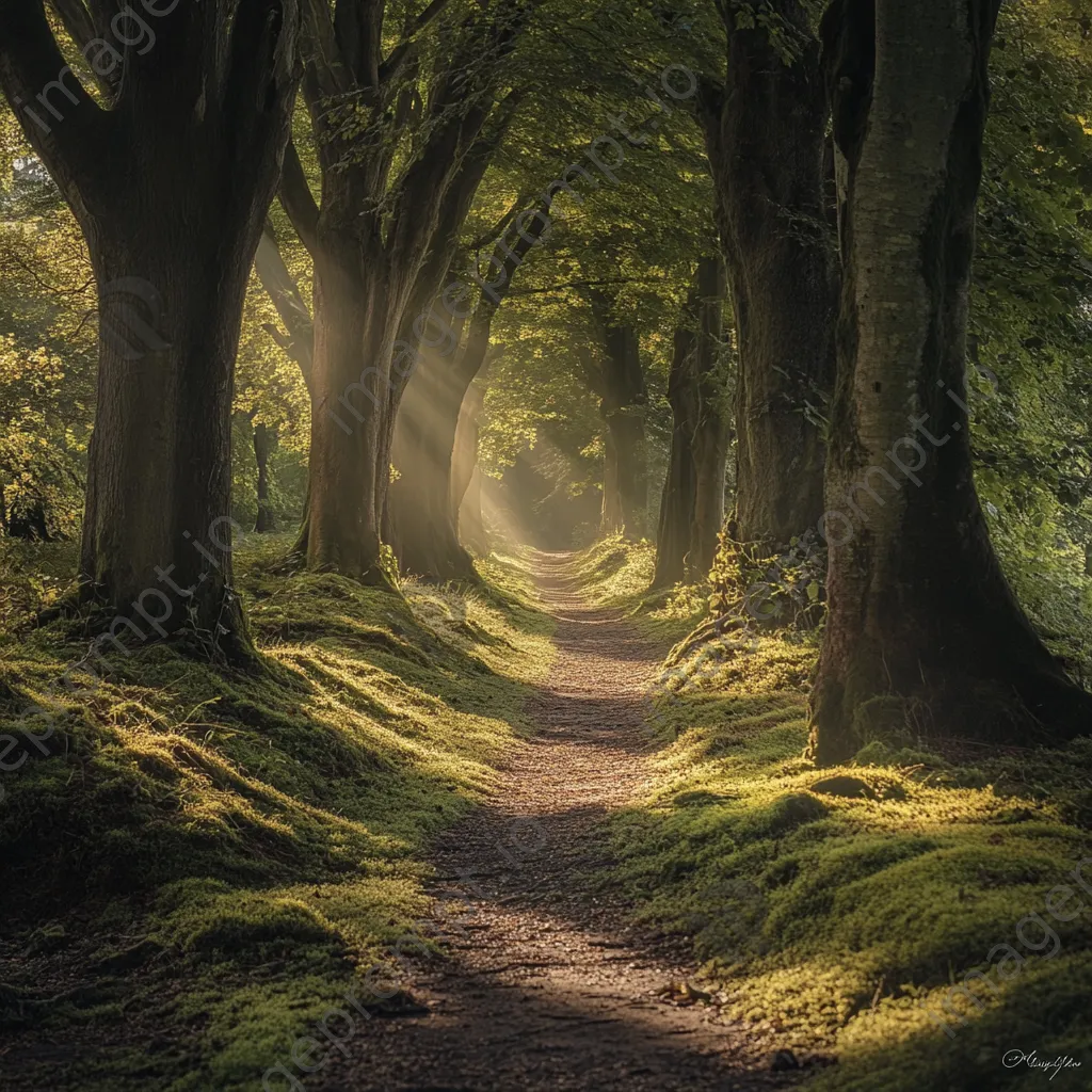 Ancient tree-lined forest path with soft moss - Image 4