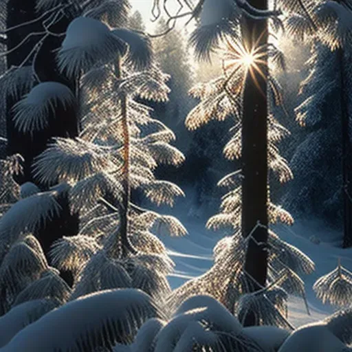 Picture of a frost-covered pine forest in morning sunlight - Image 1