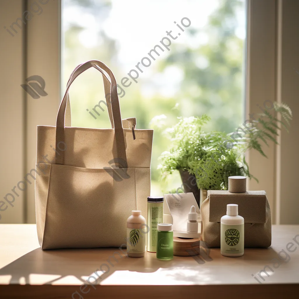 Eco-friendly products including bags and cosmetics arranged with natural lighting. - Image 1