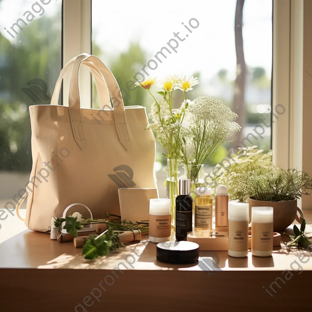 Eco-friendly products including bags and cosmetics arranged with natural lighting. - Image 2