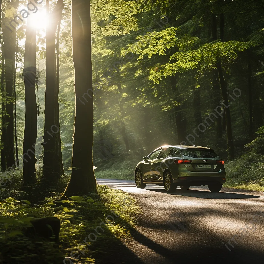 Compact car parked beside a forest road - Image 1