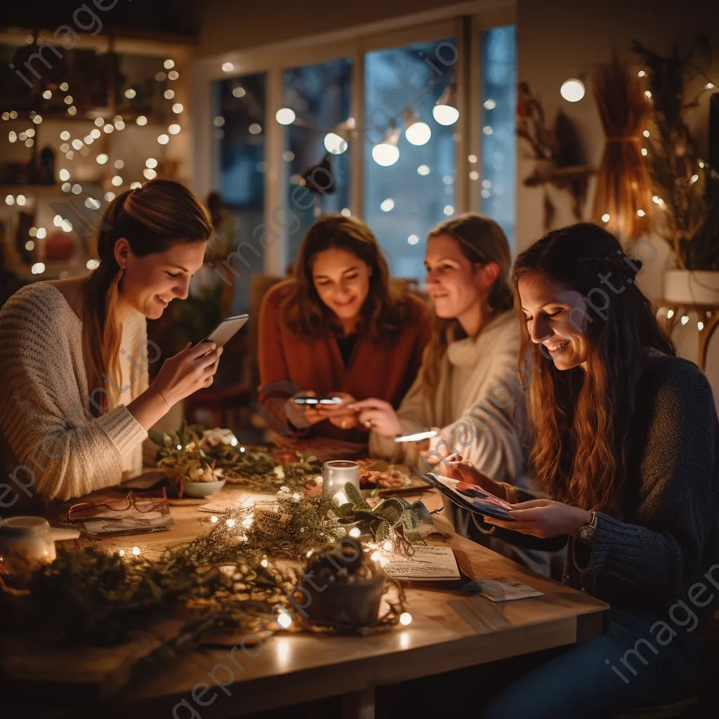 Friends crafting hedgerow decorations in warm light - Image 2