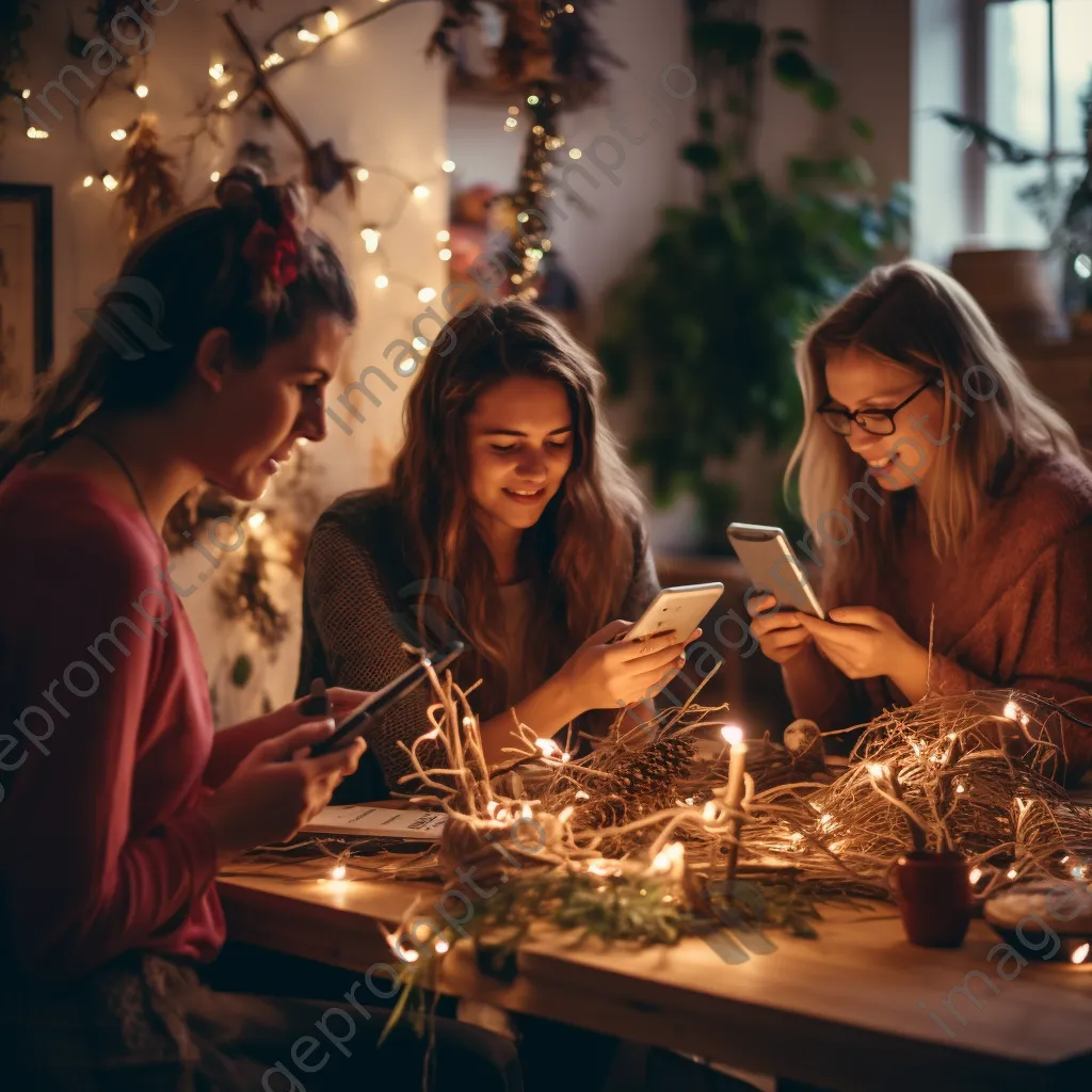 Friends crafting hedgerow decorations in warm light - Image 3