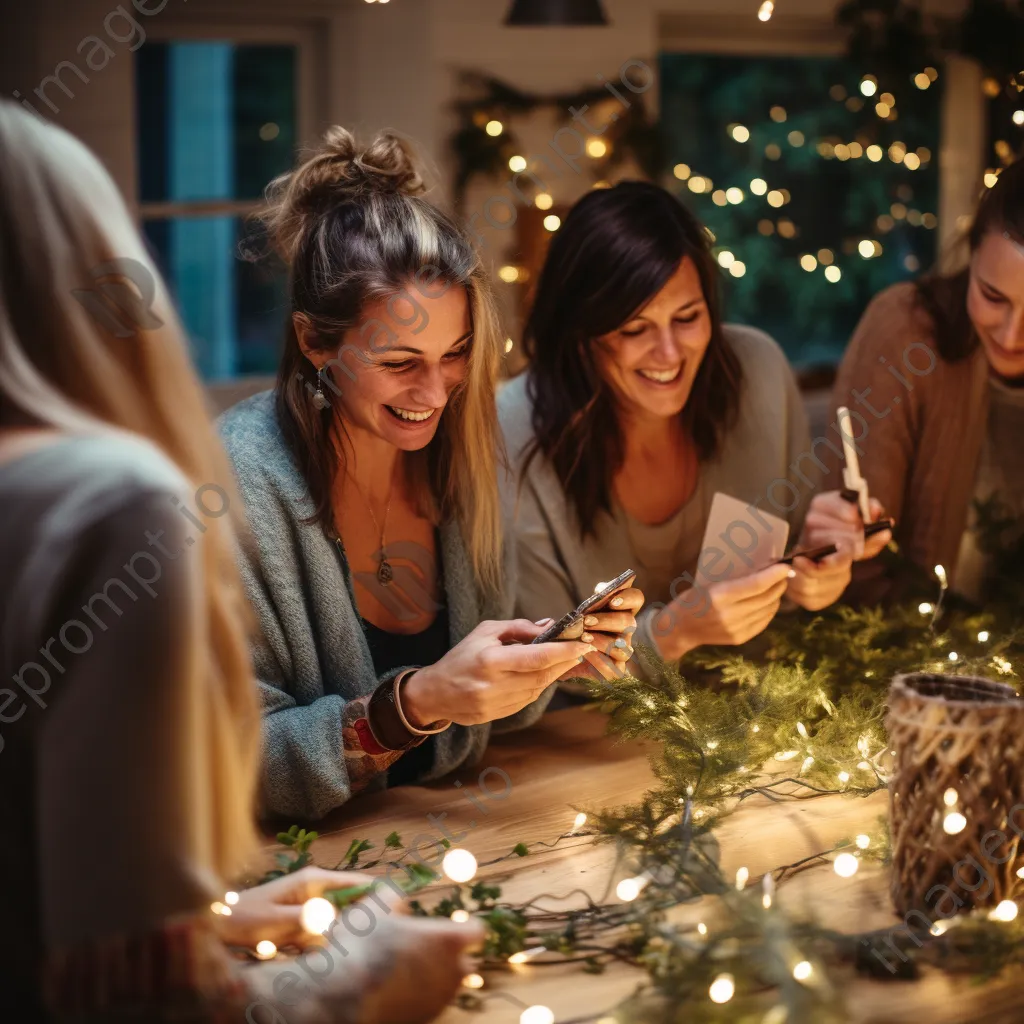 Friends crafting hedgerow decorations in warm light - Image 4