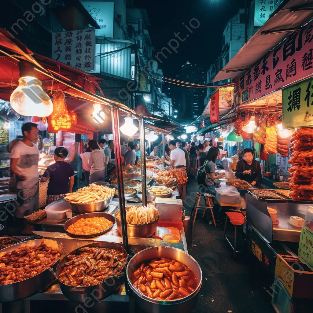 Wide-angle view of a busy night market with neon lights and various street food stalls. - Image 1