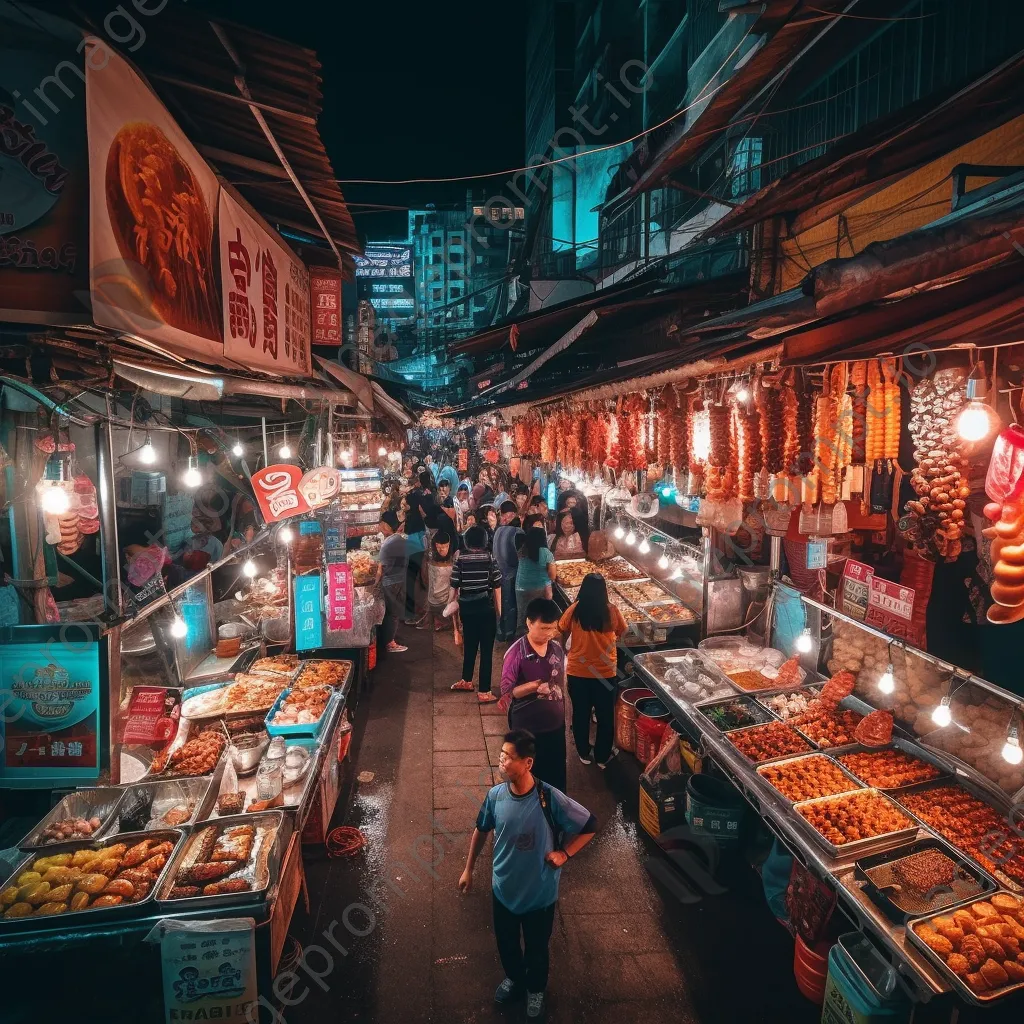 Wide-angle view of a busy night market with neon lights and various street food stalls. - Image 2