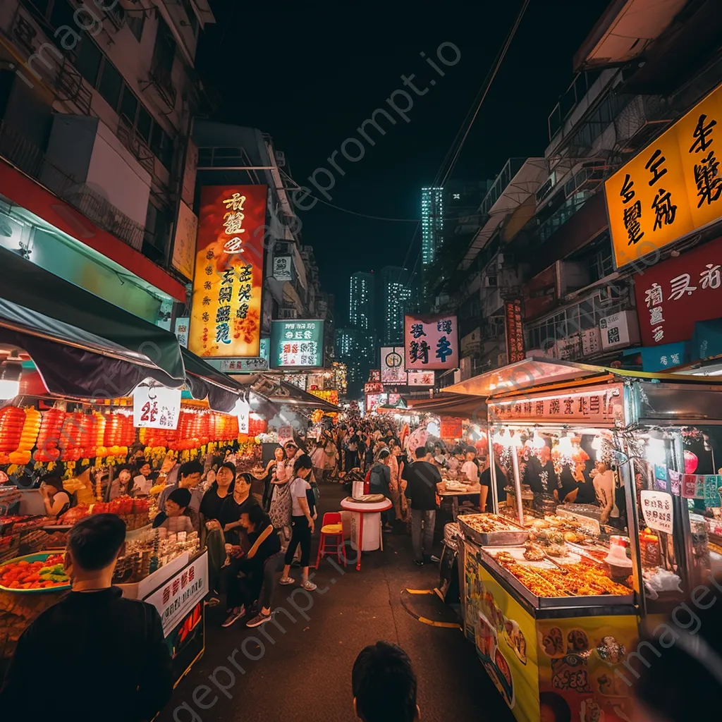 Wide-angle view of a busy night market with neon lights and various street food stalls. - Image 3