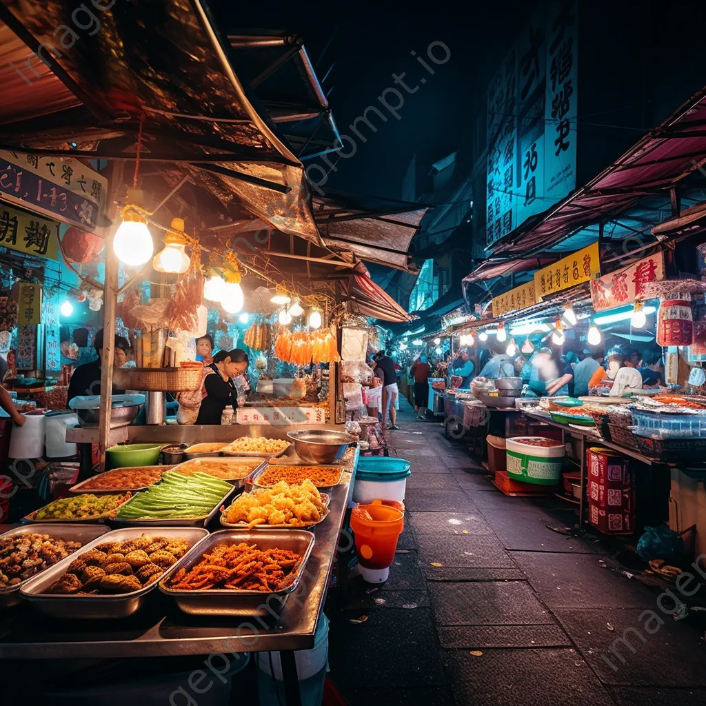 Wide-angle view of a busy night market with neon lights and various street food stalls. - Image 4