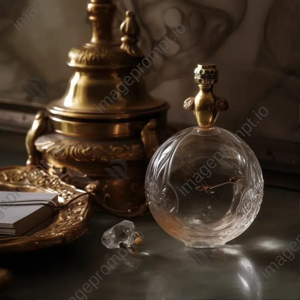 Vintage gold pocket watch on marble table, antique crystal decanter - Image 1