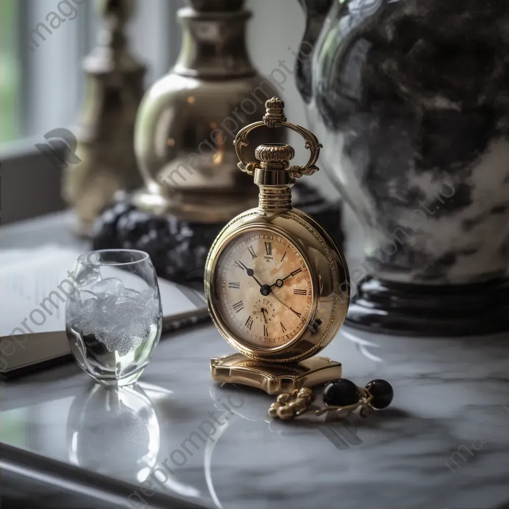 Vintage gold pocket watch on marble table, antique crystal decanter - Image 2