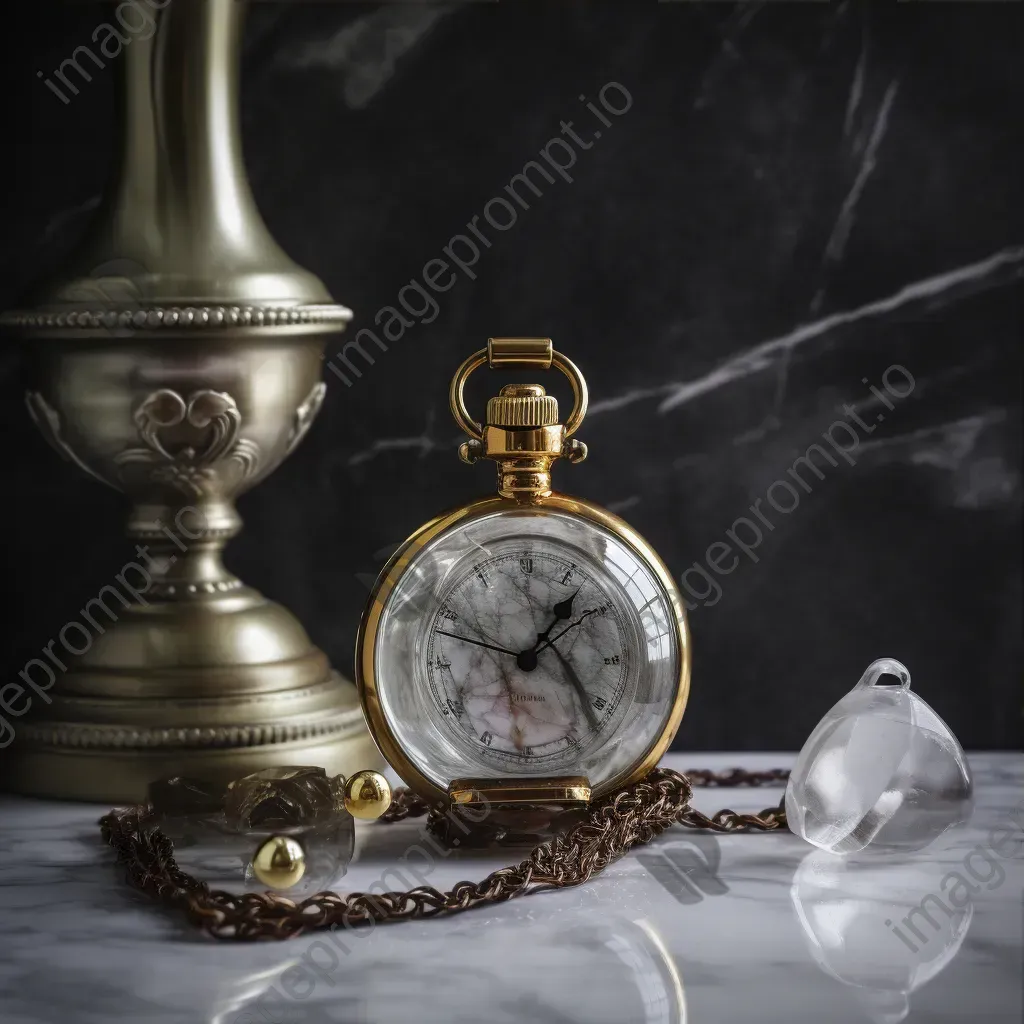 Vintage gold pocket watch on marble table, antique crystal decanter - Image 3