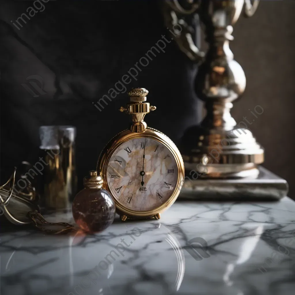 Vintage gold pocket watch on marble table, antique crystal decanter - Image 4