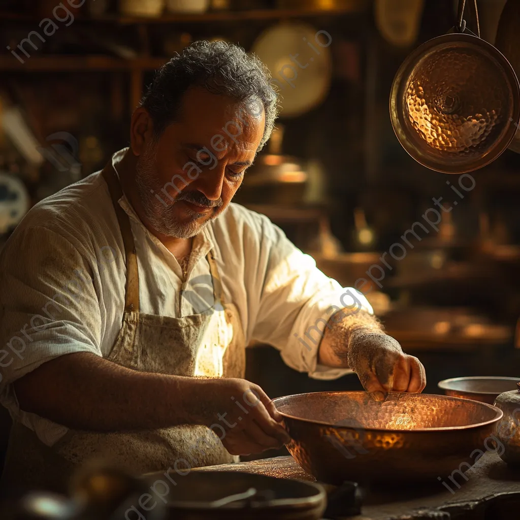 Artisan applying patina to copperware in warm lighting - Image 1