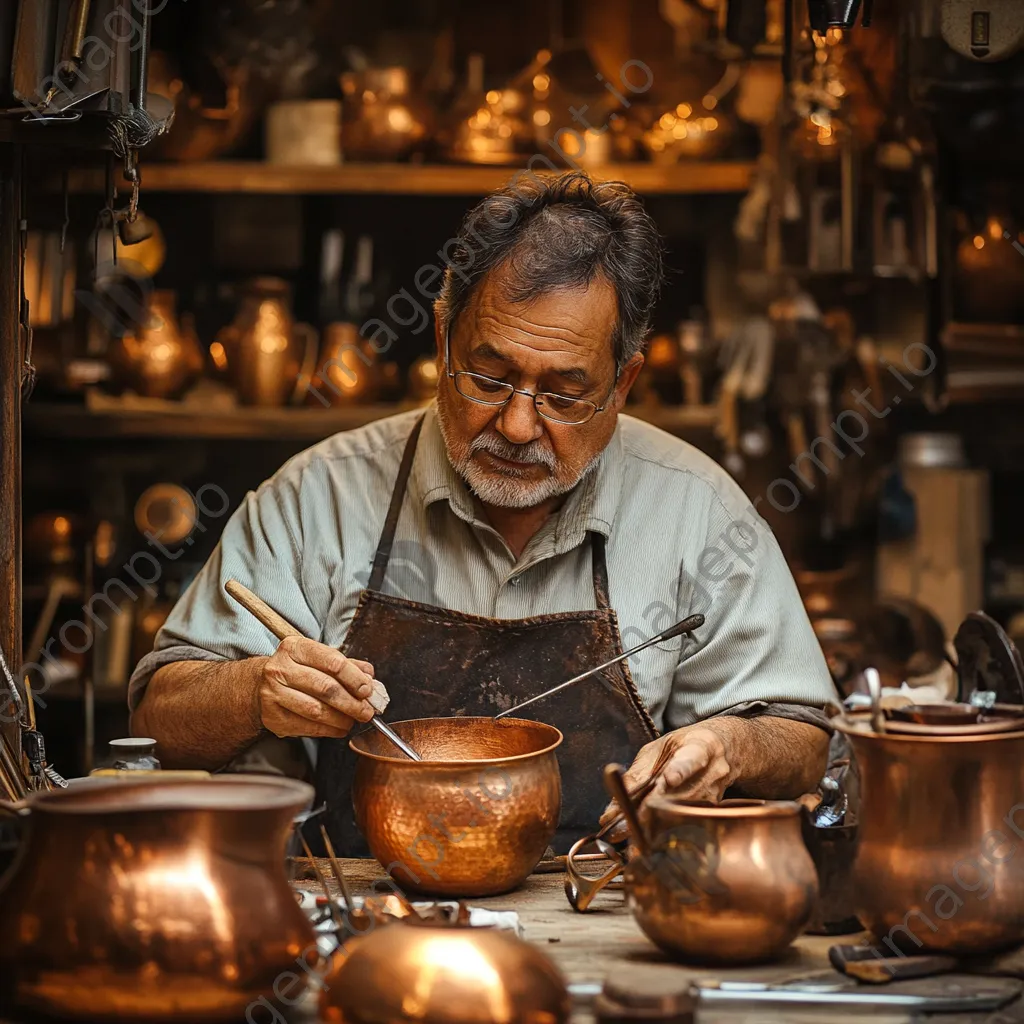 Artisan applying patina to copperware in warm lighting - Image 2