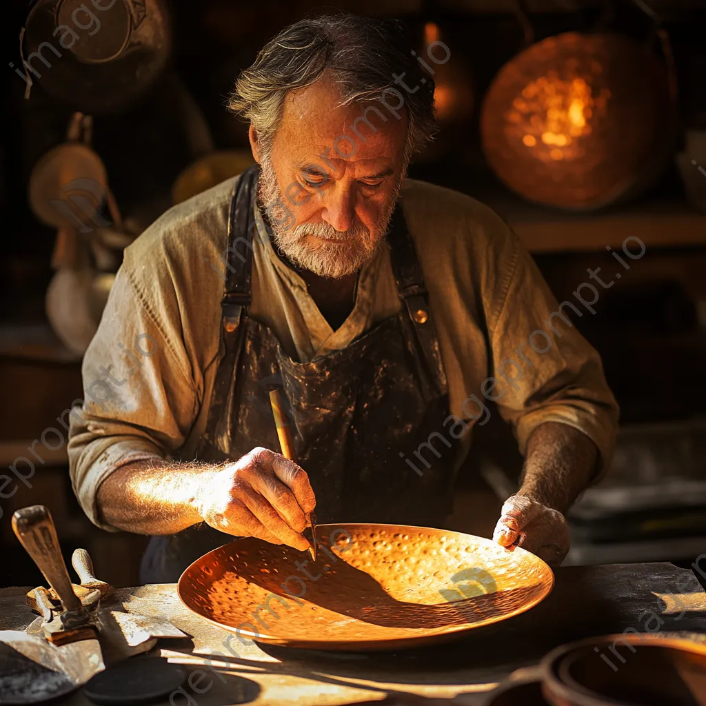 Artisan applying patina to copperware in warm lighting - Image 3