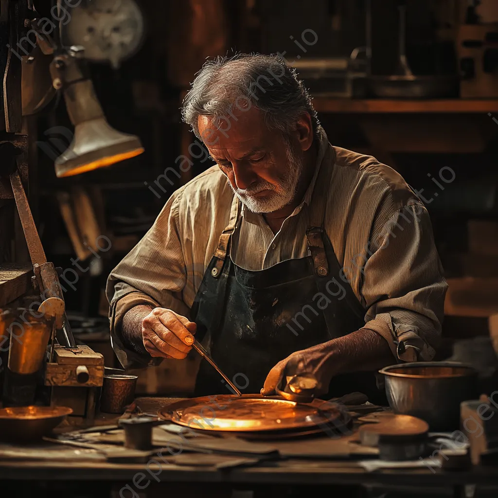 Artisan applying patina to copperware in warm lighting - Image 4