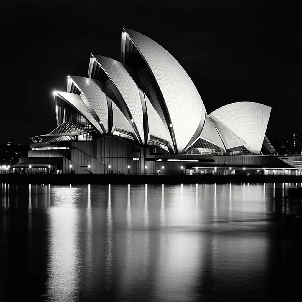 Silhouette of Sydney Opera House with illuminated sails at dusk against harbor backdrop - Image 1