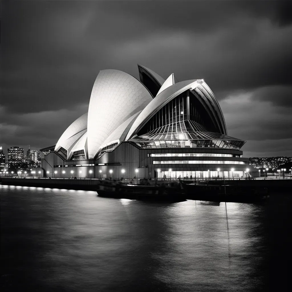 Silhouette of Sydney Opera House with illuminated sails at dusk against harbor backdrop - Image 2