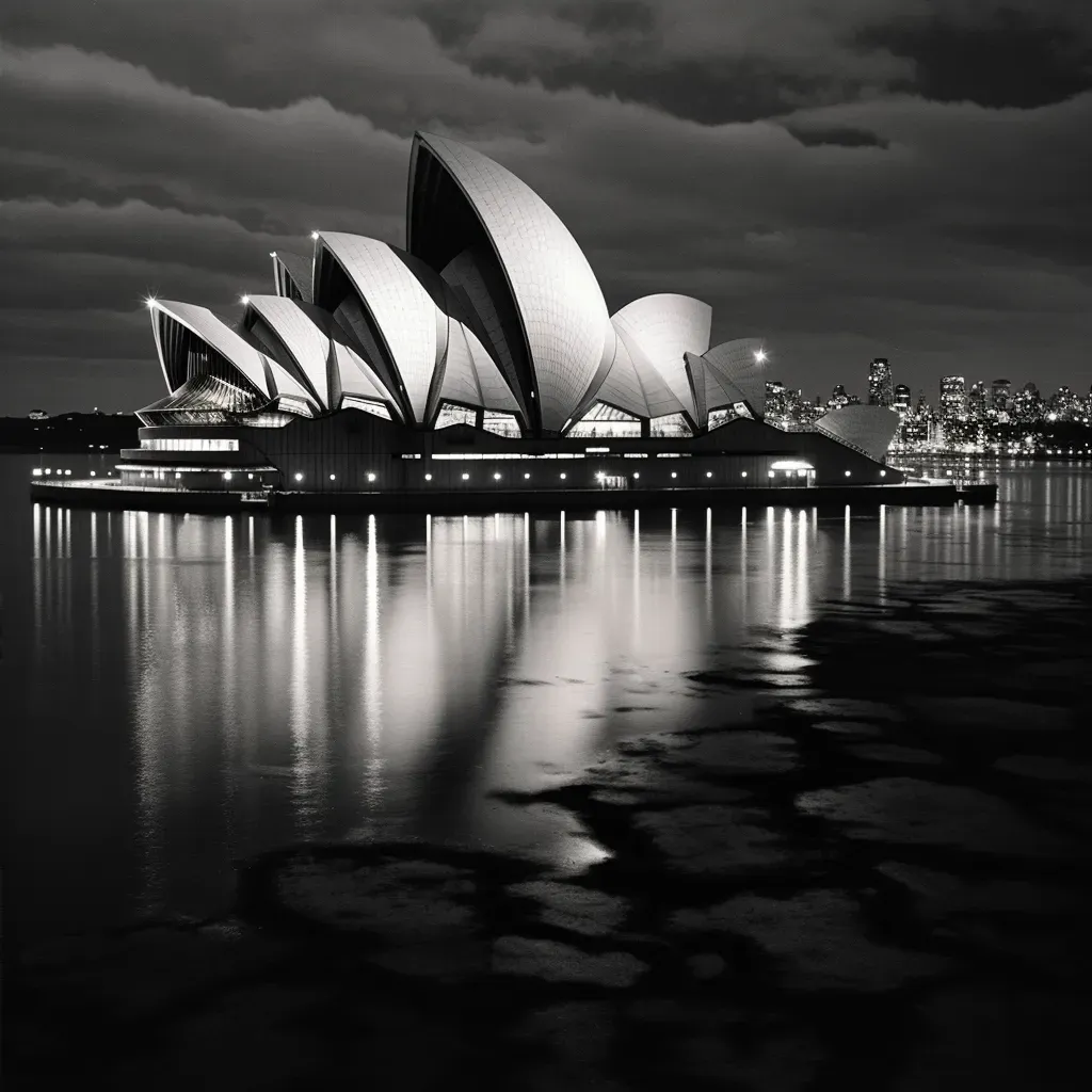 Silhouette of Sydney Opera House with illuminated sails at dusk against harbor backdrop - Image 4