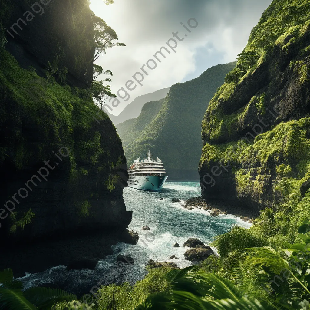 Cruise ship near lush coastal cliffs. - Image 1