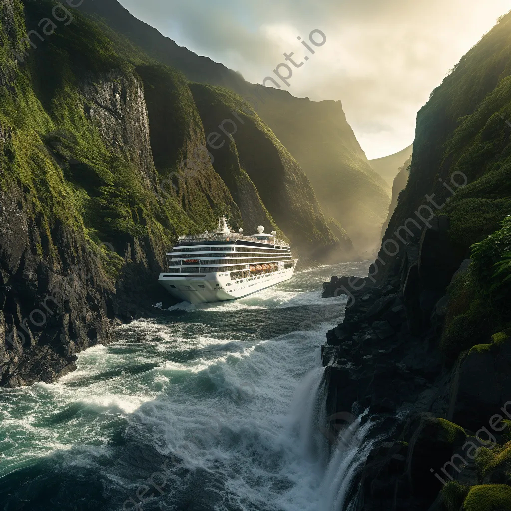 Cruise ship near lush coastal cliffs. - Image 2