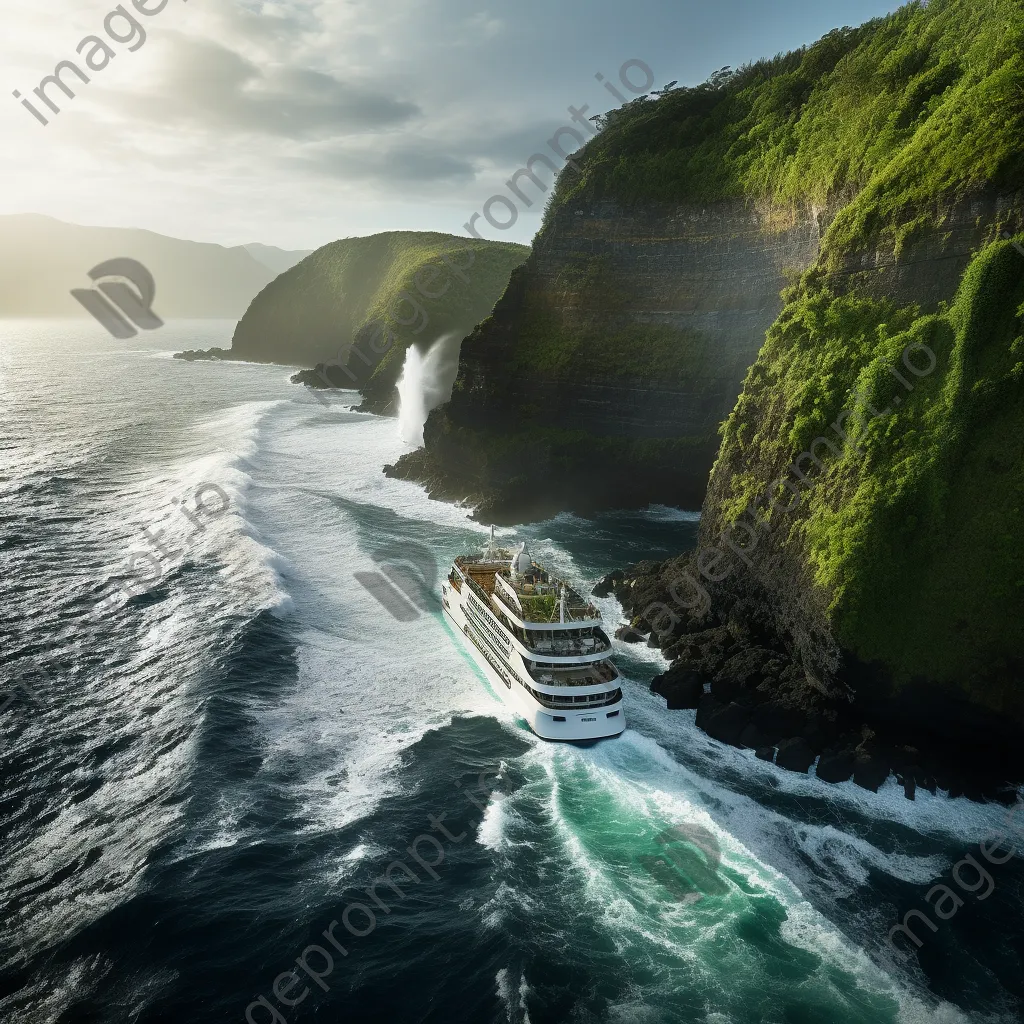 Cruise ship near lush coastal cliffs. - Image 3