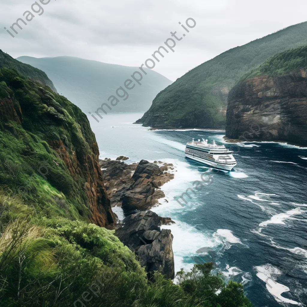 Cruise ship near lush coastal cliffs. - Image 4