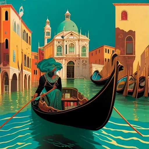 Image of a gondola on a river with Venetian and New York cityscapes in the background - Image 1