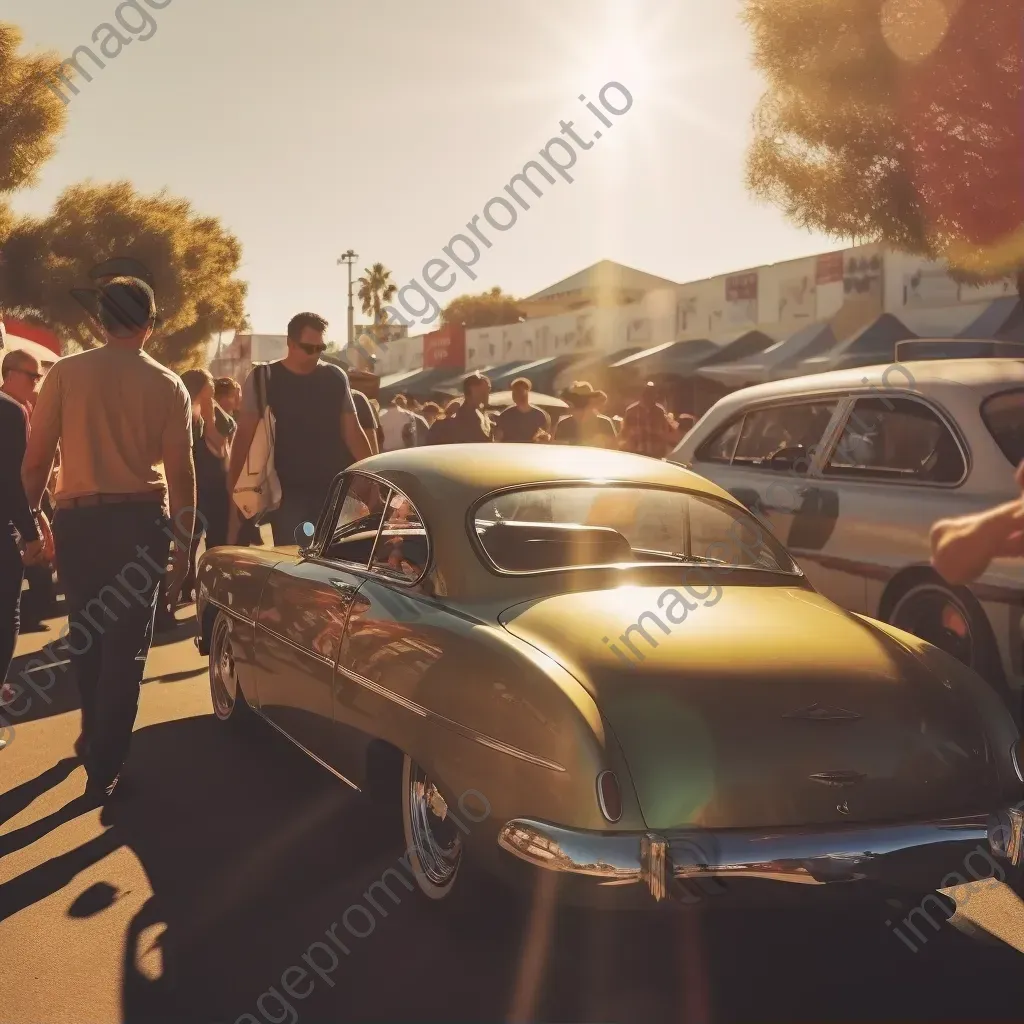 Vintage car show with people admiring classic automobiles under soft sunlight - Image 1