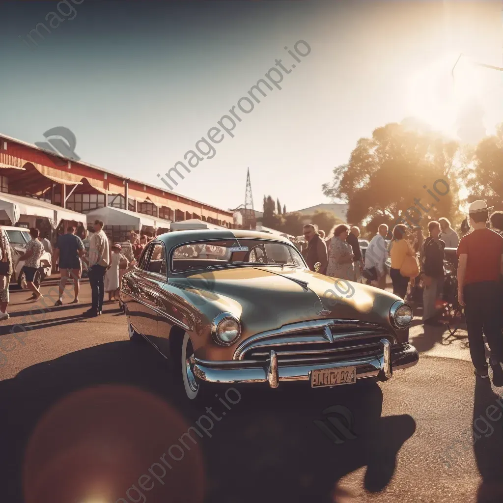 Vintage car show with people admiring classic automobiles under soft sunlight - Image 3