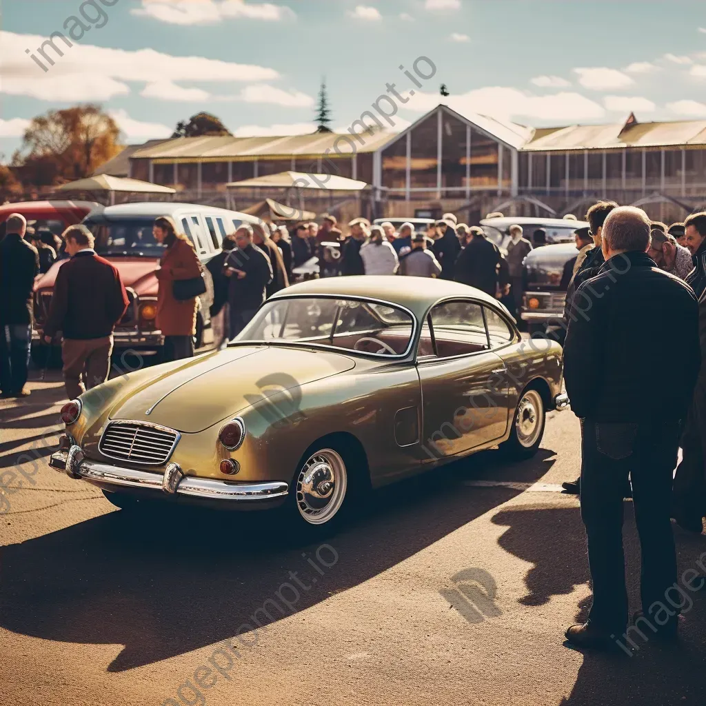 Vintage car show with people admiring classic automobiles under soft sunlight - Image 4