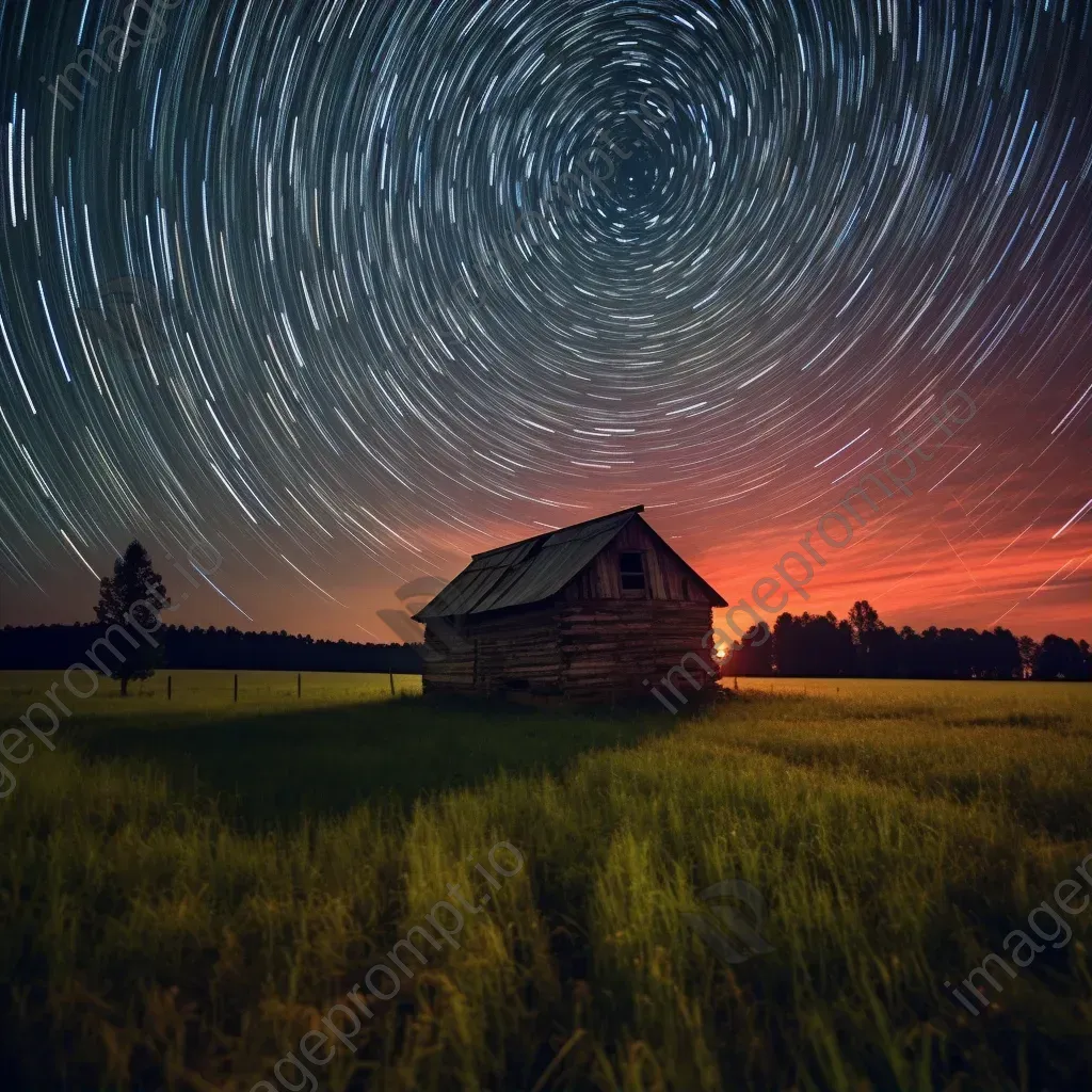 Radiant star trails above a tranquil meadow with a lone barn - Image 1