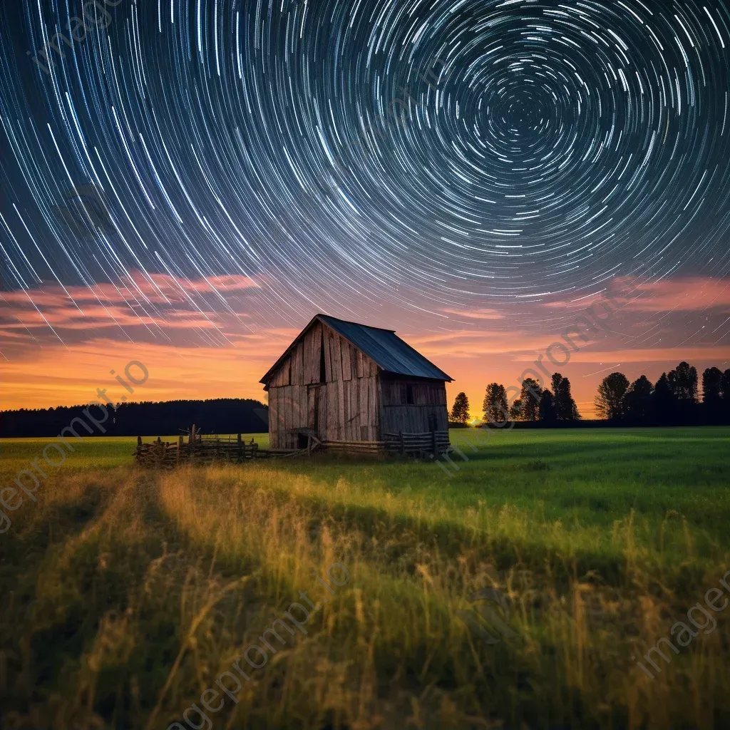 Radiant star trails above a tranquil meadow with a lone barn - Image 2