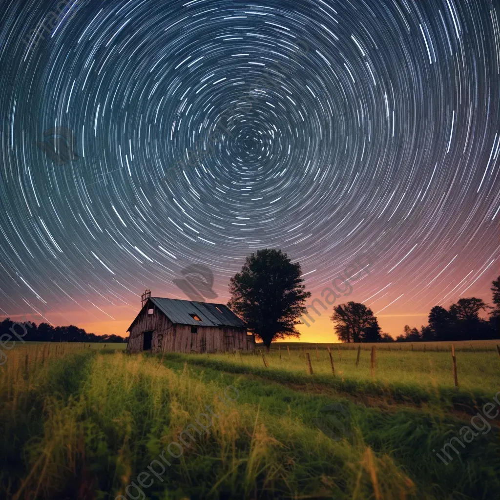 Radiant star trails above a tranquil meadow with a lone barn - Image 3