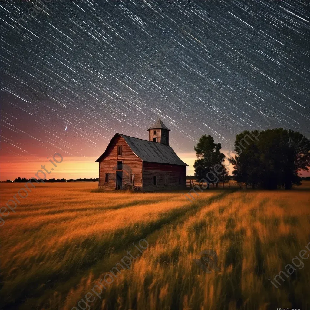 Radiant star trails above a tranquil meadow with a lone barn - Image 4