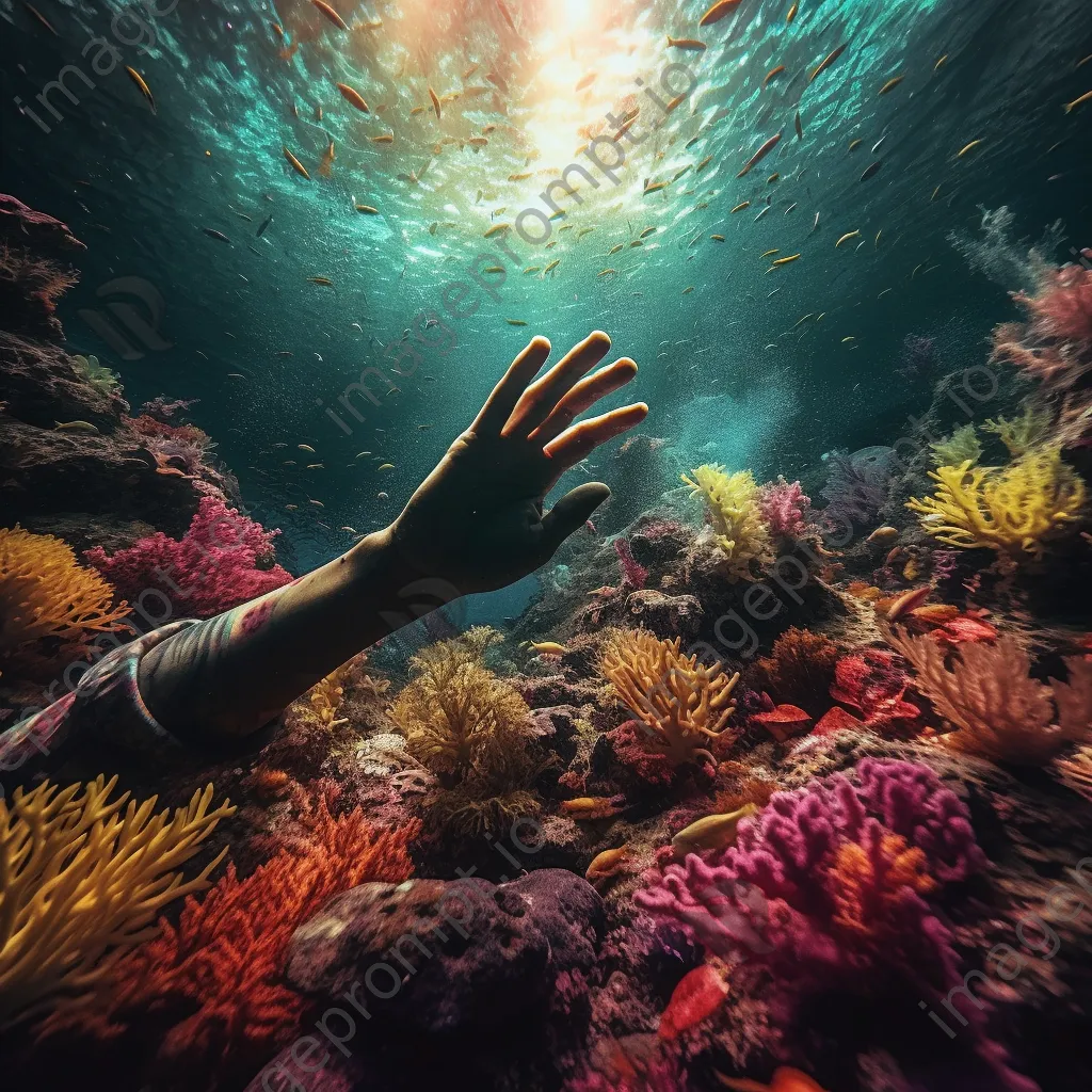 Hands reaching out from colorful coral reefs in a surreal underwater scene, surrounded by marine life. - Image 1