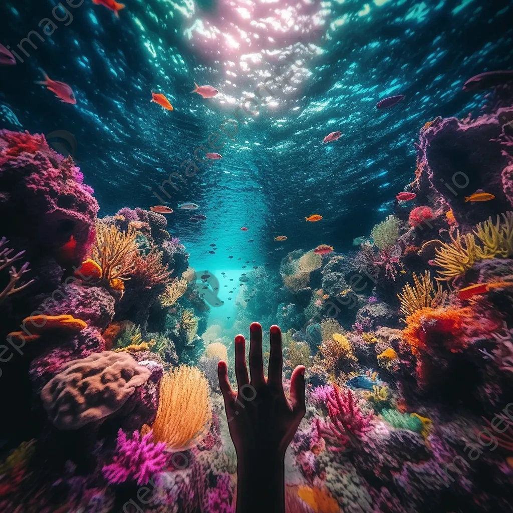 Hands reaching out from colorful coral reefs in a surreal underwater scene, surrounded by marine life. - Image 2