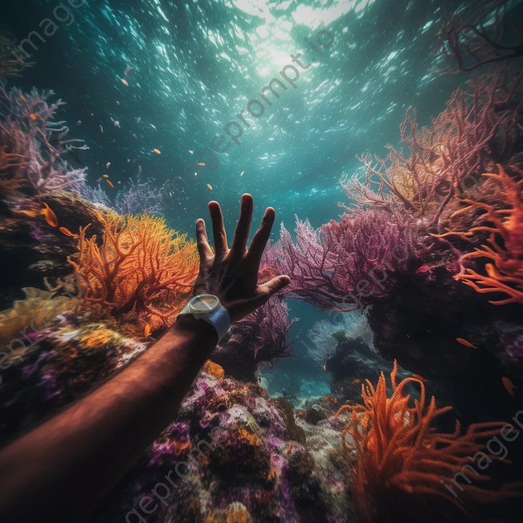 Hands reaching out from colorful coral reefs in a surreal underwater scene, surrounded by marine life. - Image 3