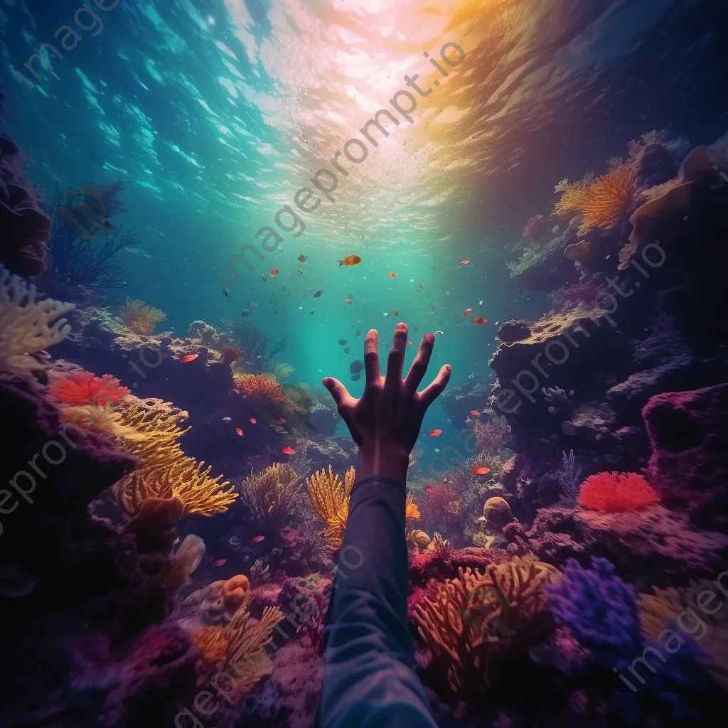 Hands reaching out from colorful coral reefs in a surreal underwater scene, surrounded by marine life. - Image 4