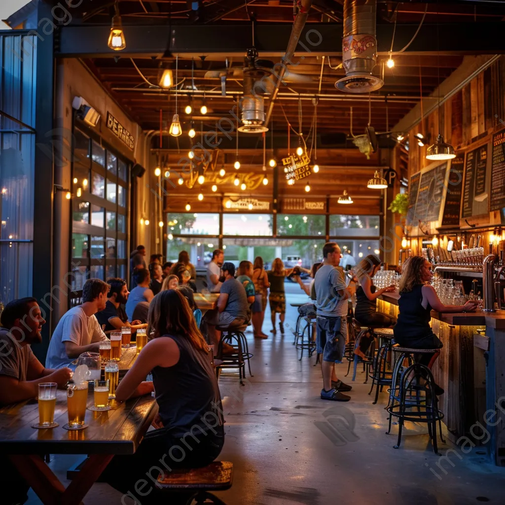 Interior of a local brewery with patrons enjoying beer and rustic decor - Image 1