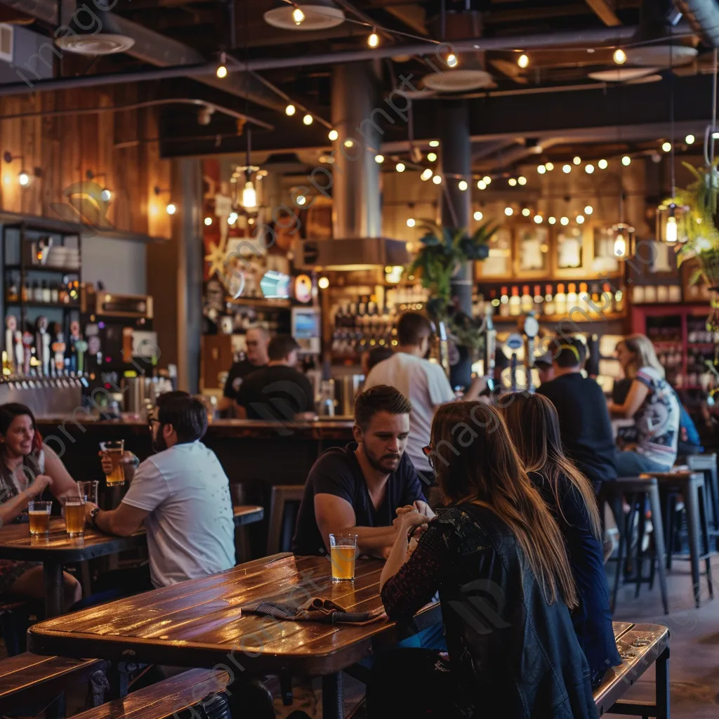 Interior of a local brewery with patrons enjoying beer and rustic decor - Image 2