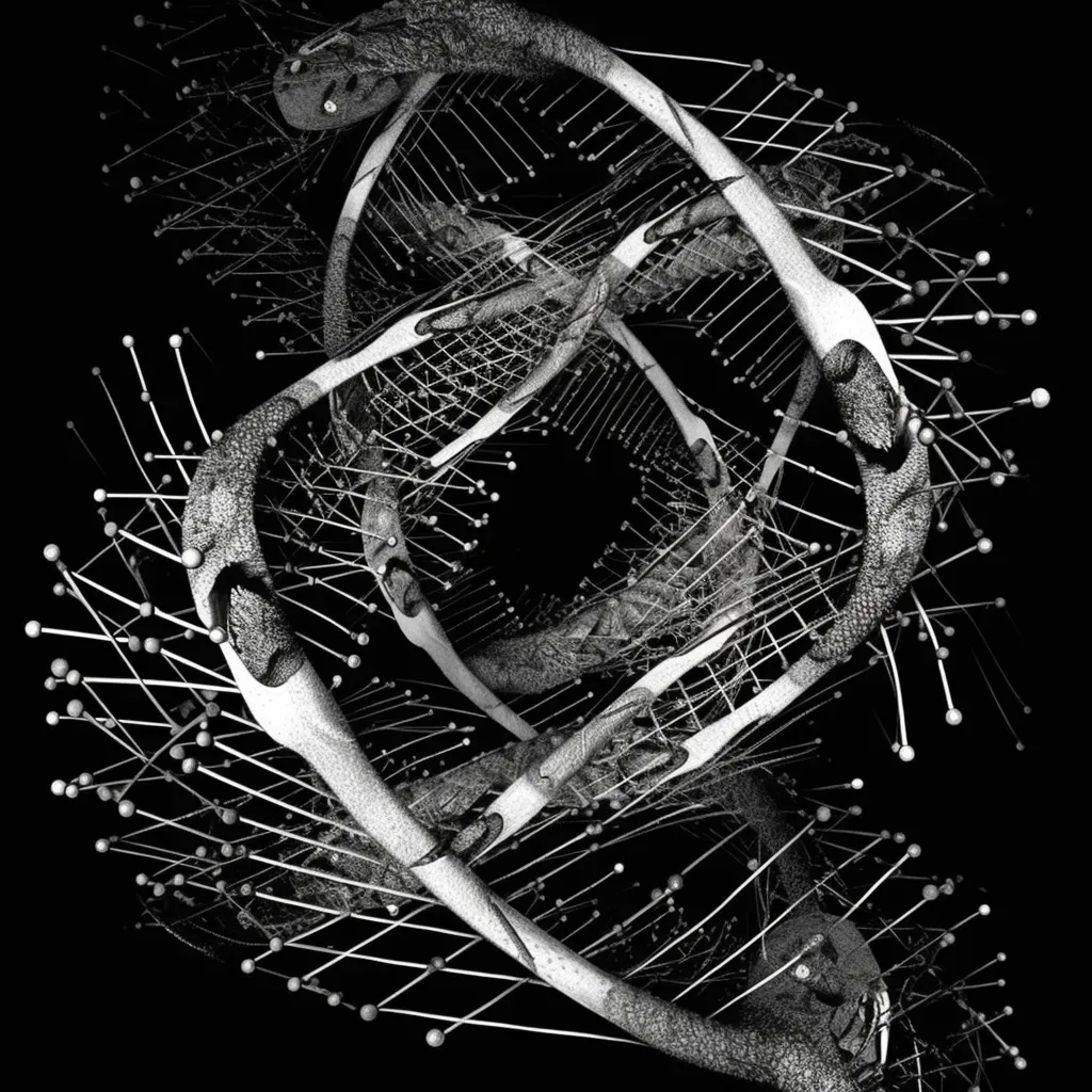 Illustration of ordered chaos of DNA strands twisted into a double helix. - Image 4