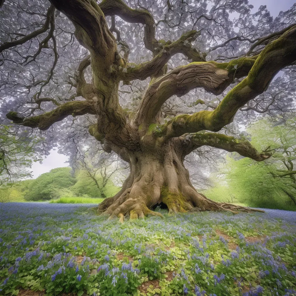 Image of an ancient oak tree with bluebell flowers at its base - Image 1