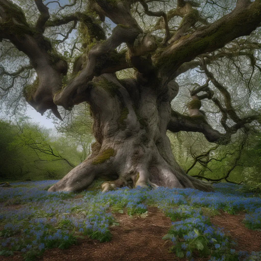 Ancient Oak Tree with Bluebell Flowers at Base