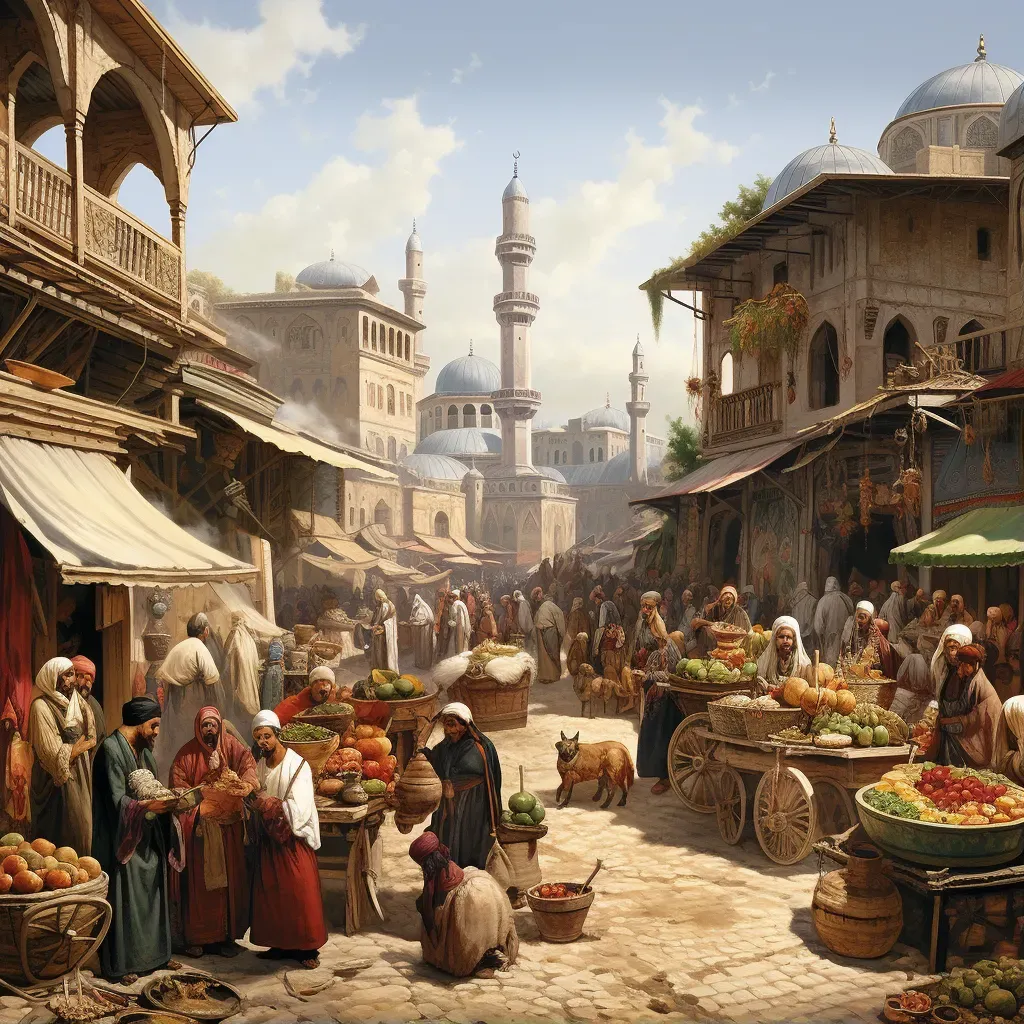 Market scene in the Byzantine Empire with a mix of cultures and goods - Image 1