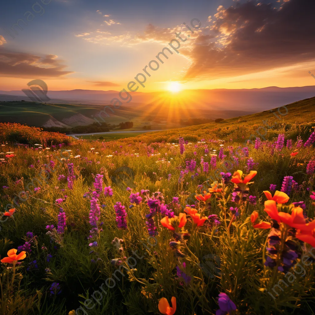 Wildflowers covering rolling hills at sunset. - Image 1