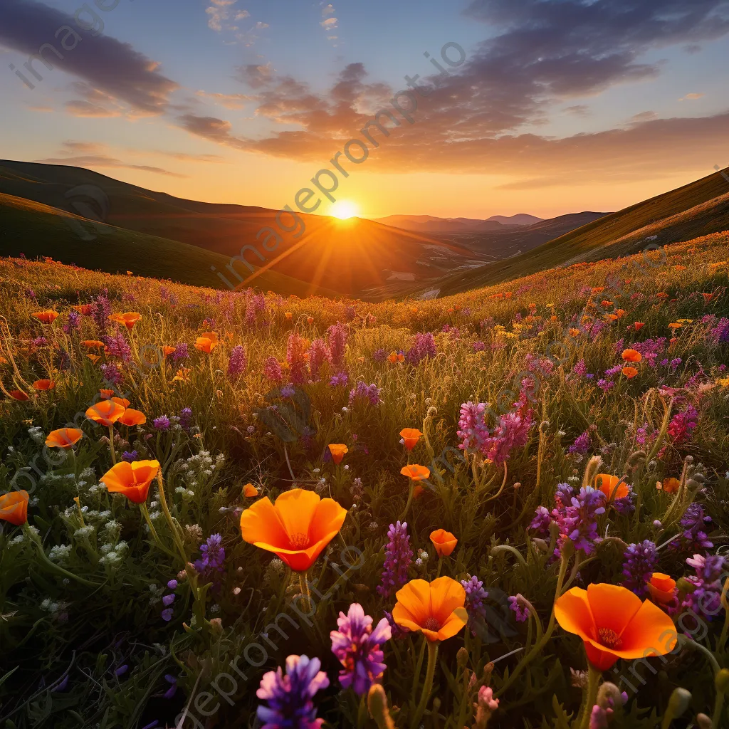 Wildflowers covering rolling hills at sunset. - Image 2