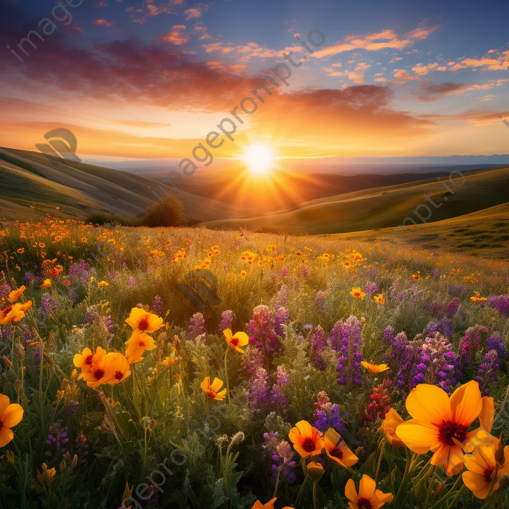 Wildflowers covering rolling hills at sunset. - Image 3